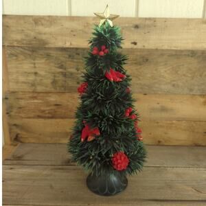 Vtg 1950s Tabletop Plastic Christmas Tree with Red Flocked Ornaments Gold Star